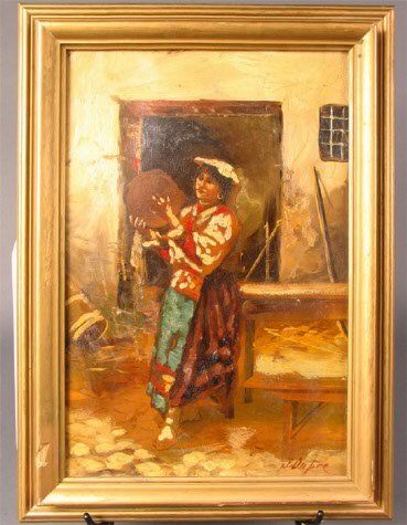 JULES DUPRE PAINTED LITHO. 19th c. Oil over a p: JULES DUPRE PAINTED LITHO. 19th c. Oil over a print. This shows a female tambourine player out-of-doors. The background is heavily painted over, but the figure and ground are only slightly so, in comp