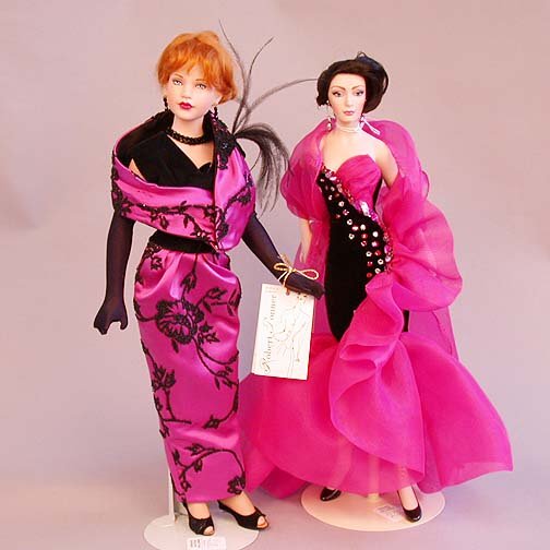 1171 TWO DOLLS IN EVENING ATTIRE N/R. O: 1171 TWO DOLLS IN EVENING ATTIRE N/R. One is a Robert Tonner "Decades of Fashion" doll dressed in a 1940's purple and black ensemble. The other composition doll is dressed in a black velvet and magent