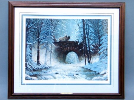 FAIRY AND CUMMINGS BRIDGE PRINTS: FAIRY AND CUMMINGS BRIDGE PRINTS. 20th c. Offset lithos on canvas (Fairy) and paper (Cummings). The fairy print, ''Spirit of the Night,'' is after a John Atkinson Grimshaw painting (an English 19th c.