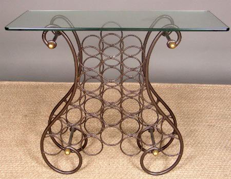WINE RACK/CONSOLE TABLE. Glass top on lyre form