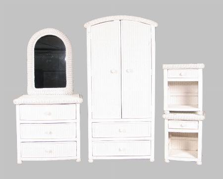 5 PIECES WICKER BEDROOM BY PIER 1. Includes an a: 5 PIECES WICKER BEDROOM BY PIER 1. Includes an armoire with adjustable shelves, dresser, wallmirror, and two night stands. Condition: like new.