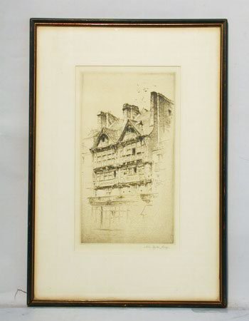 JOHN TAYLOR ARMS ETCHING. Early 20th c. Etching: JOHN TAYLOR ARMS ETCHING. Early 20th c. Etching on buff paper. Signed in pencil. A French print shop's exterior store front is seen in a delicately produced architectural rendering. Size: 10 1/2'' h.,