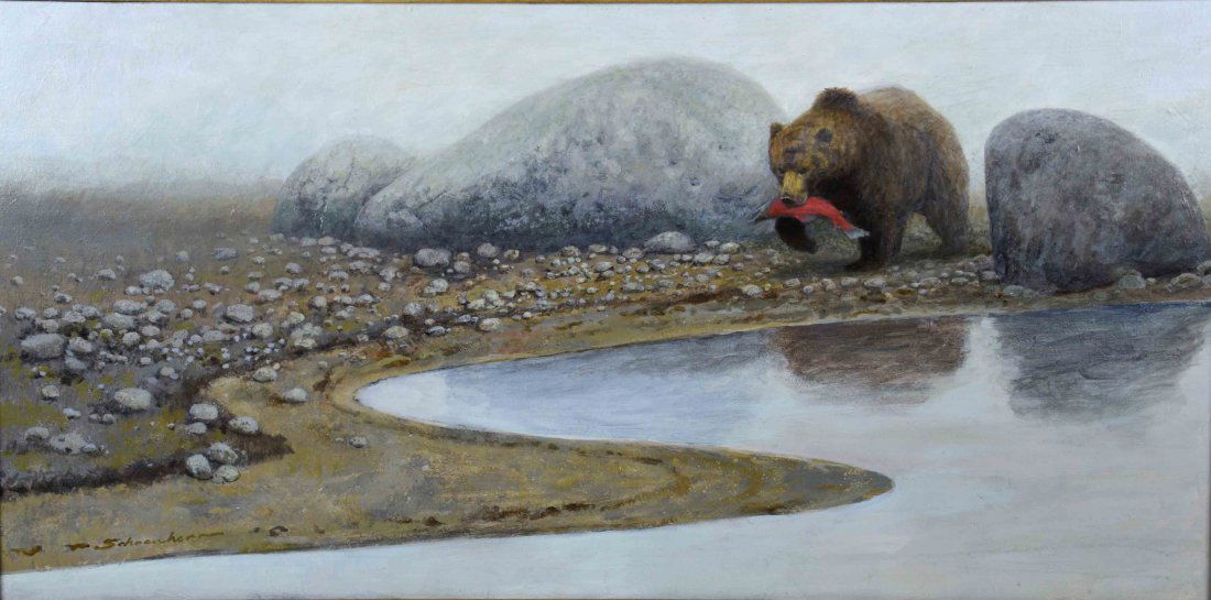 JOHN SCHOENHERR (AMERICAN/NJ, 1935-2010) - ''Rite of: JOHN SCHOENHERR (AMERICAN/NJ, 1935-2010) - ''Rite of Passage''; acrylic on canvas; signed lower left ''Schoener''; set in rustic wood frame; Measures: Visible Art 23.75''H x 48''W, Frame 32''H x 56''W