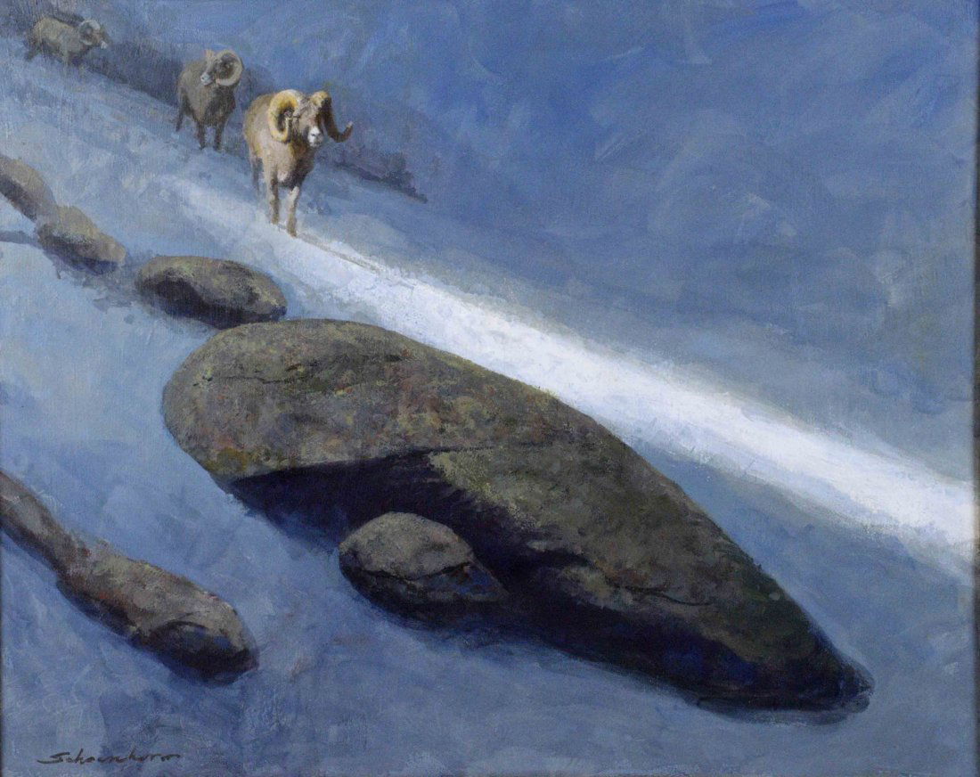 JOHN SCHOENHERR (AMERICAN/NJ, 1935-2010) - ''Party of: JOHN SCHOENHERR (AMERICAN/NJ, 1935-2010) - ''Party of Three''; acrylic on canvas; signed lower left ''Schoener''; set in rustic wood frame; Measures: Visible Art 24''H x 29.75''W, Frame 32.5''H x 38.5