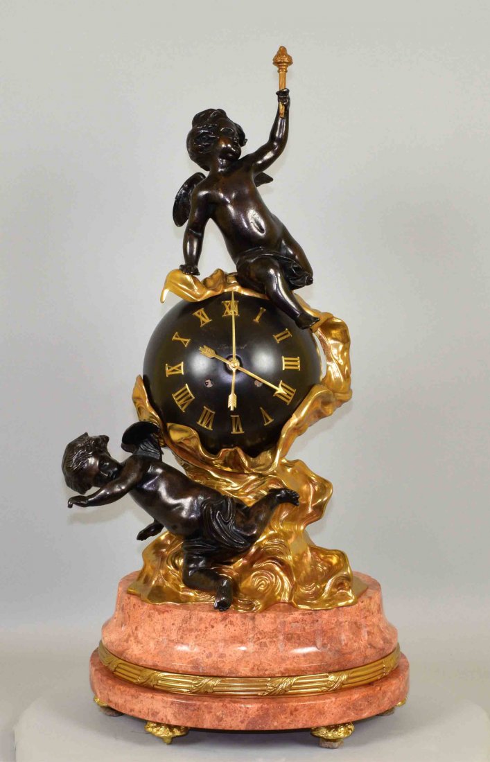 SPHERE AND CHERUB GILT BRONZE CLOCK WITH MARBLE BASE - (1 of 9)