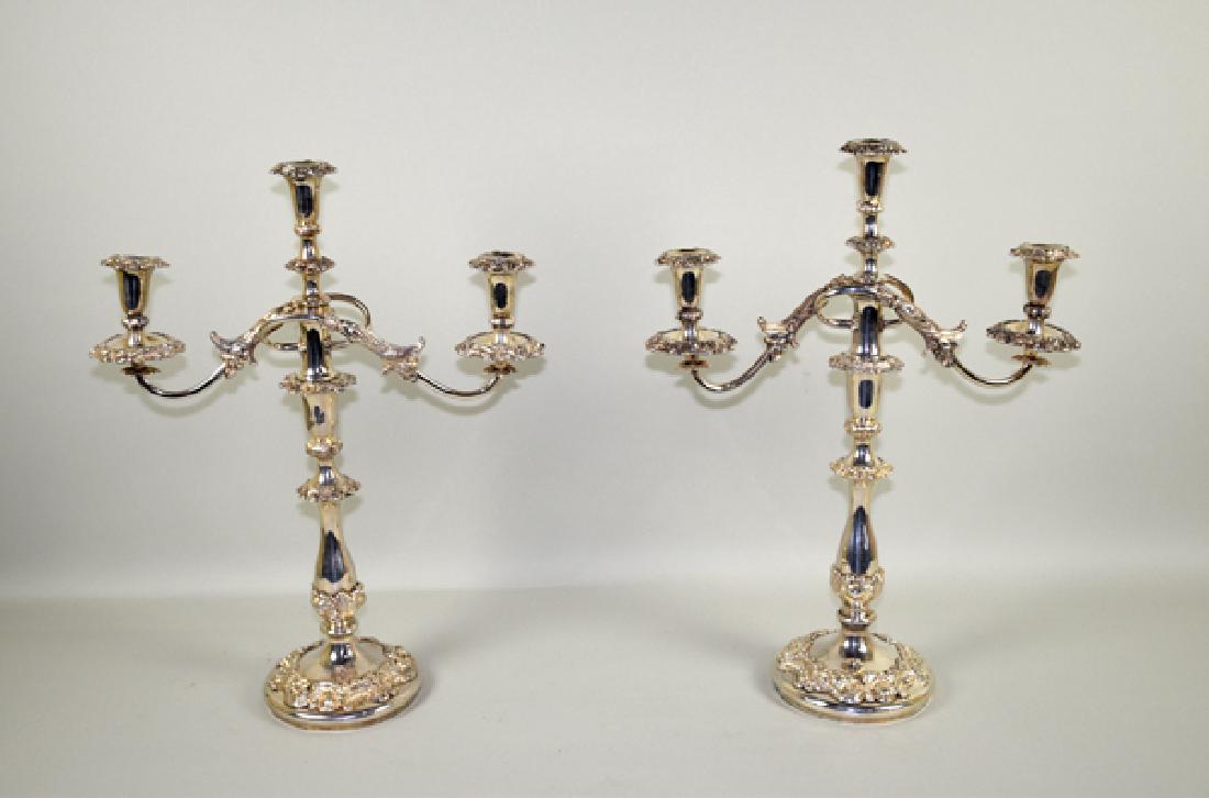 PAIR OF SILVER 2-ARM 3-LIGHT CANDELABRAS - 13.25'': PAIR OF SILVER 2-ARM 3-LIGHT CANDELABRAS - 13.25'' Candlestick base fitted with a 2-arm, 3-light top branch; Measures: 21.5''H x 17.5''W - Condition: (1) damaged and repaired; Age appropriate wear; Al