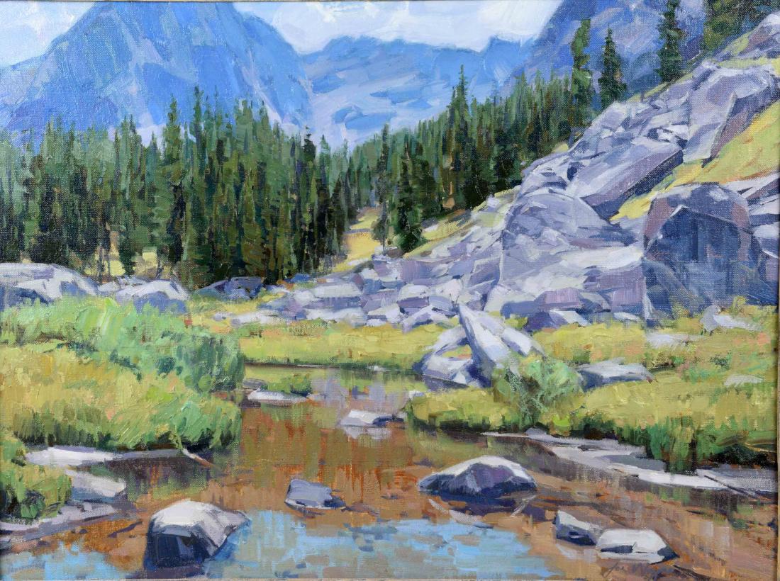 JOE WAYNE (AMERICAN/MT, b. 1970) - ''Spanish Peaks in: JOE WAYNE (AMERICAN/MT, b. 1970) - ''Spanish Peaks in Summer''; Oil on canvas; Signed lower right ''Joe Wayne'', verso ''Spanish Peaks in Summer, Joe Wayne''; Set in rustic wood frame; Measures: Visib