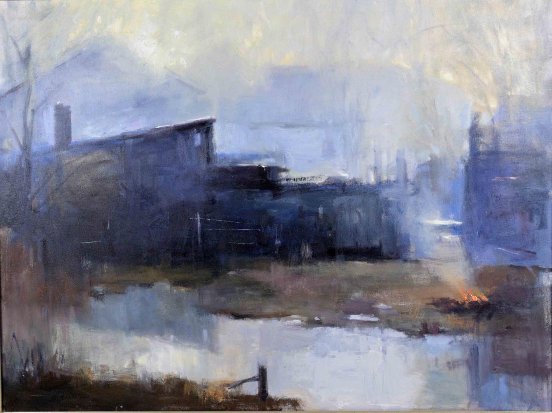 DAVID SLONIM (AMERICAN/IN/FL, b. 1966) - ''Mike's: DAVID SLONIM (AMERICAN/IN/FL, b. 1966) - ''Mike's Place''; Oil on canvas; Signed lower left ''D. Slonim'', verso ''Mike's Place, David Slonim 2008''; Set in pewter gilt wood frame; Measures: Visible A