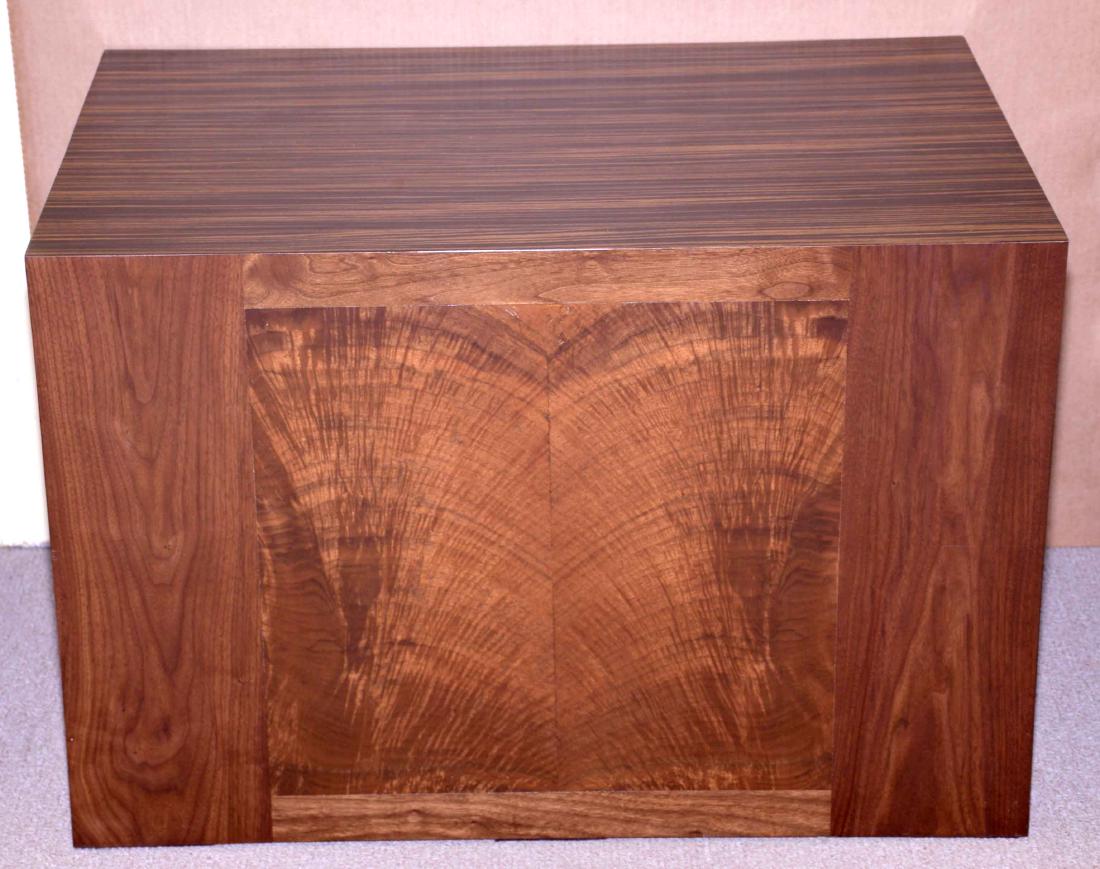 CUSTOM MADE MIXED WOOD PEDESTAL WITH WOOD VENEER -: CUSTOM MADE MIXED WOOD PEDESTAL WITH WOOD VENEER - Measures: 24''H x 36''W x 24''D; From the Estate Collection of Robert B Fay Jr.