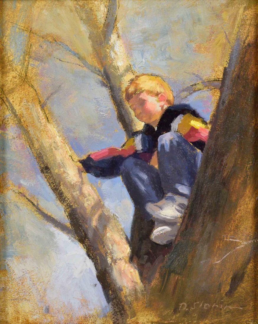 DAVID SLONIM (AMERICAN/IN/FL, b. 1966) - ''Easter: DAVID SLONIM (AMERICAN/IN/FL, b. 1966) - ''Easter Sunday''; Oil on board; Signed ''D. Slonim'', verso ''Easter Sunday, David Slonim 2007''; Set in gold gilt wood frame; Measures: Visible Art 9''H x 7'