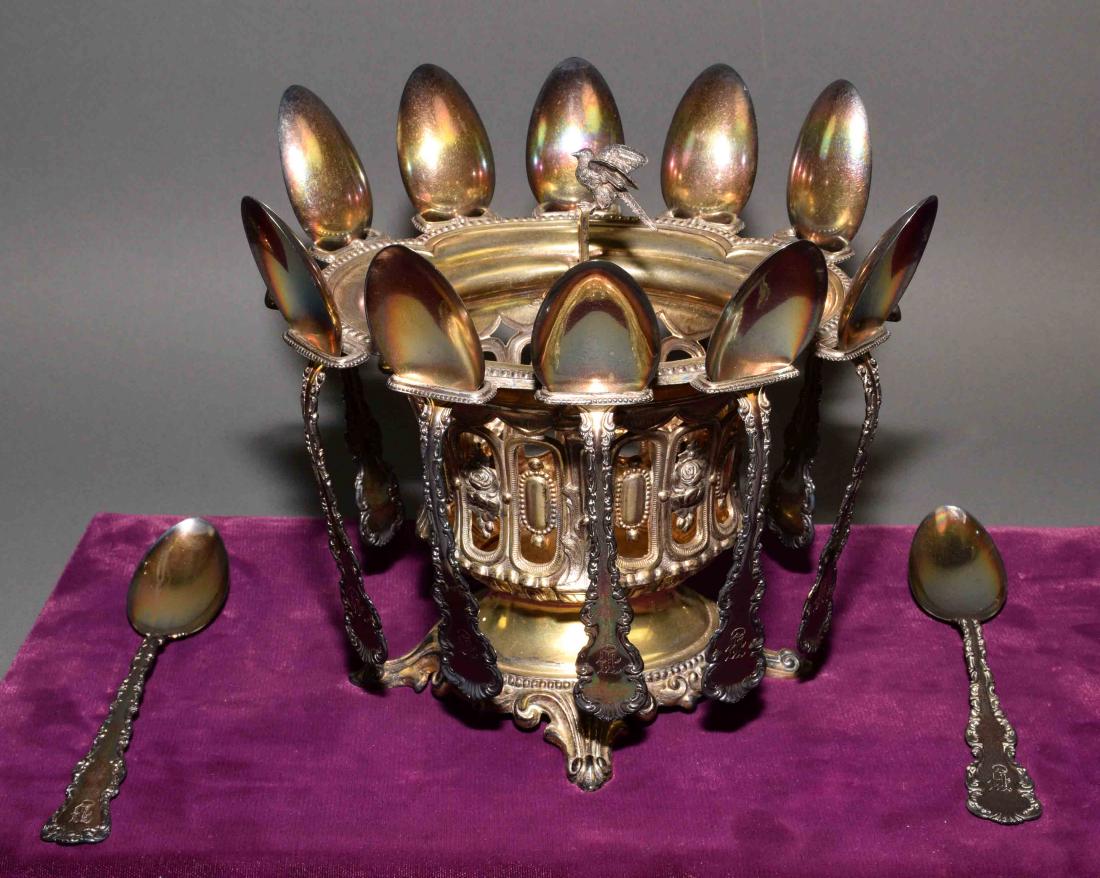 ANTIQUE VICTORIAN STERLING SPOON CADDY & (12) SPOONS - (1 of 8)