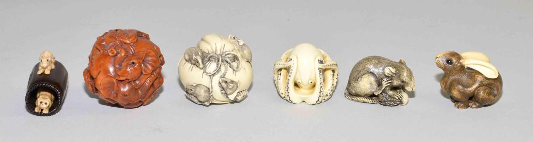(6) ASSORTED SMALL CARVINGS - Includes bone & wood; (1): (6) ASSORTED SMALL CARVINGS - Includes bone & wood; (1) redwood carved ball of rats, (1) bone carved rates on a sack, (1) bone carved rat marked PEM, (1) bone carved octopus, (1) bone carved rabbit an