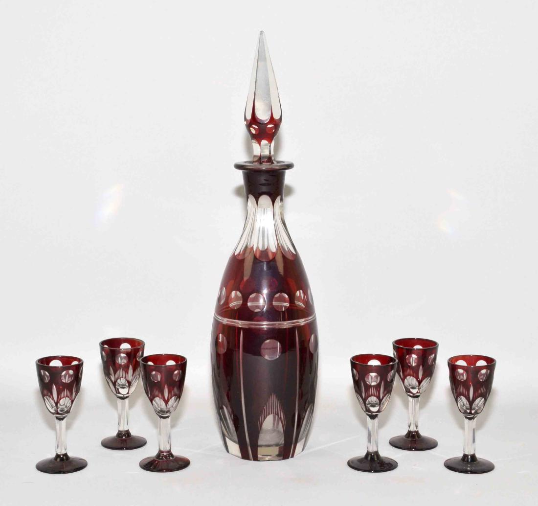 7pcs RED CUT TO CLEAR GLASS DECANTER SET - Includes (1 of 6)