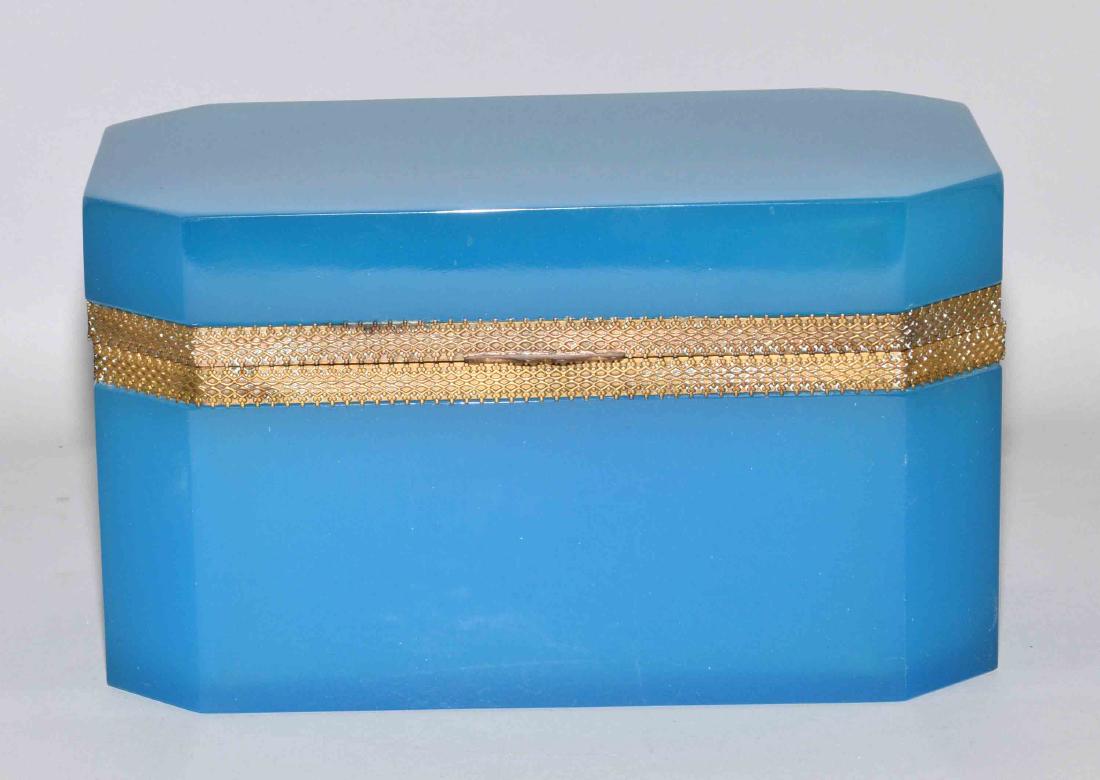 BLUE GLASS CASKET/JEWELRY BOX - Brass banded and hinged; (1 of 6)
