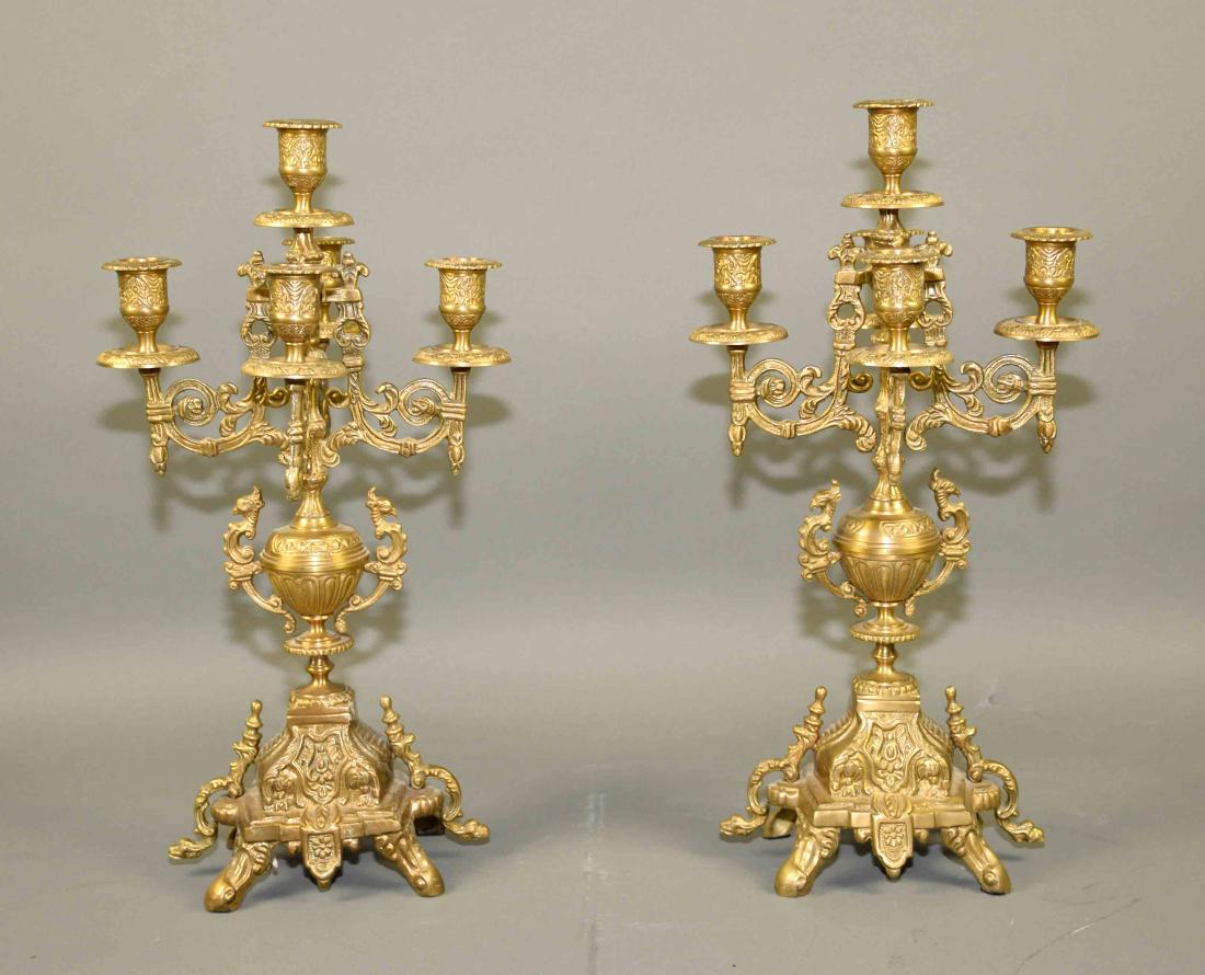 PAIR ORNATE BRASS 5-LIGHT CANDELABRAS - Measures: 17''H (1 of 4)