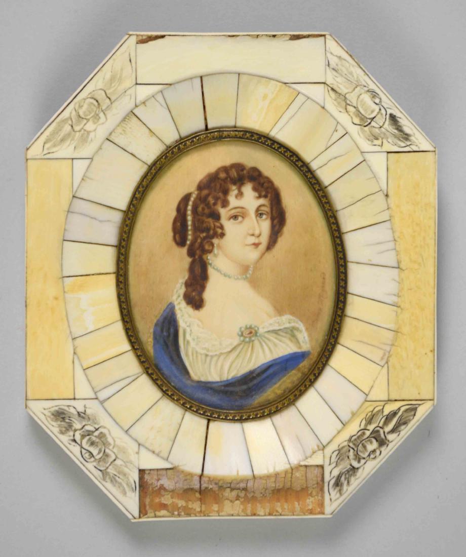 OVAL MINIATURE PORTRAIT OF WOMAN IN BONE FRAME - 18th: OVAL MINIATURE PORTRAIT OF WOMAN IN BONE FRAME - 18th Century; Signed ''Pierre Mignard'', set in bone parquet; Measures: Visible Art 3.25''H x 2.75''W, Frame 6''H x 5''W - Condition: Some damage; All