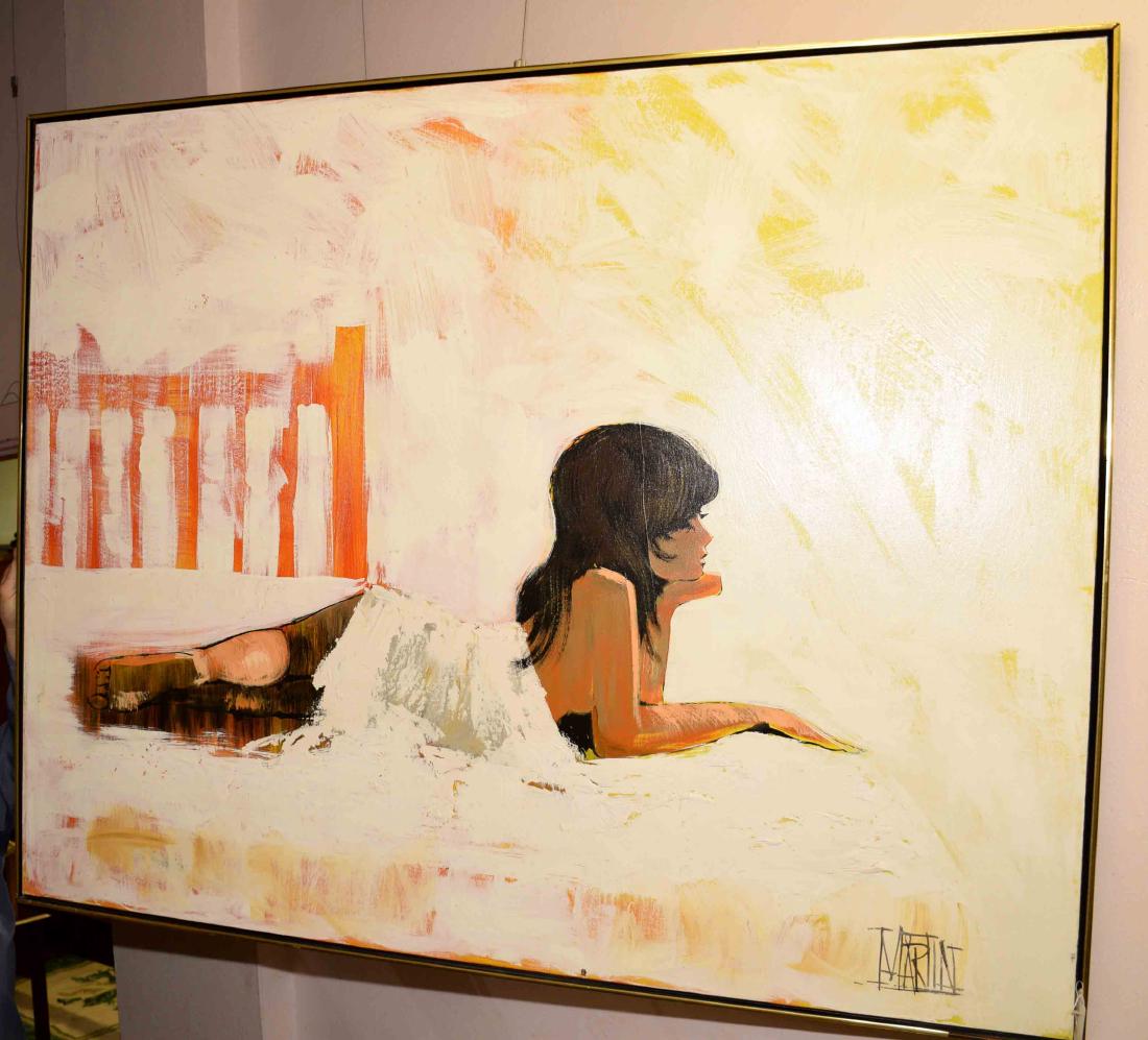 MARTIN(?) OIL ON CANVAS - Oil on canvas; Woman lying in: MARTIN(?) OIL ON CANVAS - Oil on canvas; Woman lying in bed; Signed lower right; Set in brass and wood frame; Measures: Visible Art 48''H x 60''W, Frame 49''H x 61''W - Condition: Age appropriate wear