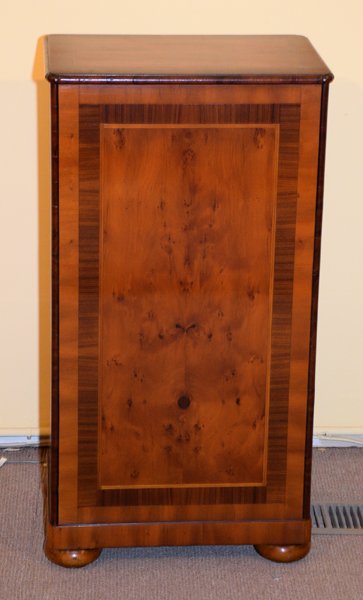 CUSTOM MIXED WOOD PEDESTAL WITH BANDED INLAY - Retailed: CUSTOM MIXED WOOD PEDESTAL WITH BANDED INLAY - Retailed by David Michael; Measures: 36'' x 19''W x 13''D; Provenance: From the Estate Collection of Robert B Fay Jr.