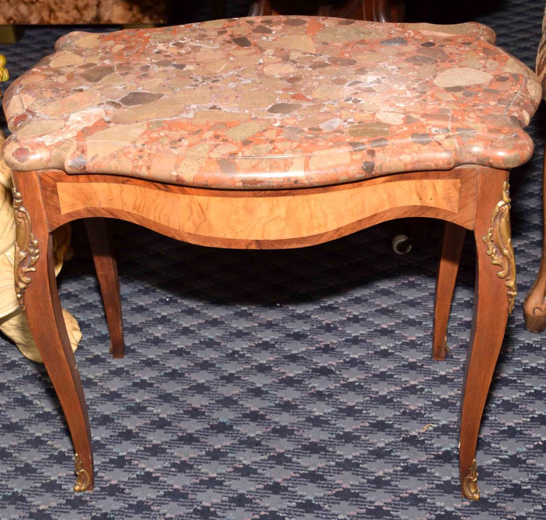 WALNUT VENEER ENDTABLE WITH BRASS ORMOLU - Variegated: WALNUT VENEER ENDTABLE WITH BRASS ORMOLU - Variegated brown marble top; Measures: 18.5''H x 14''D x 21.5''D - Condition: Age appropriate wear; All items sold as is.
