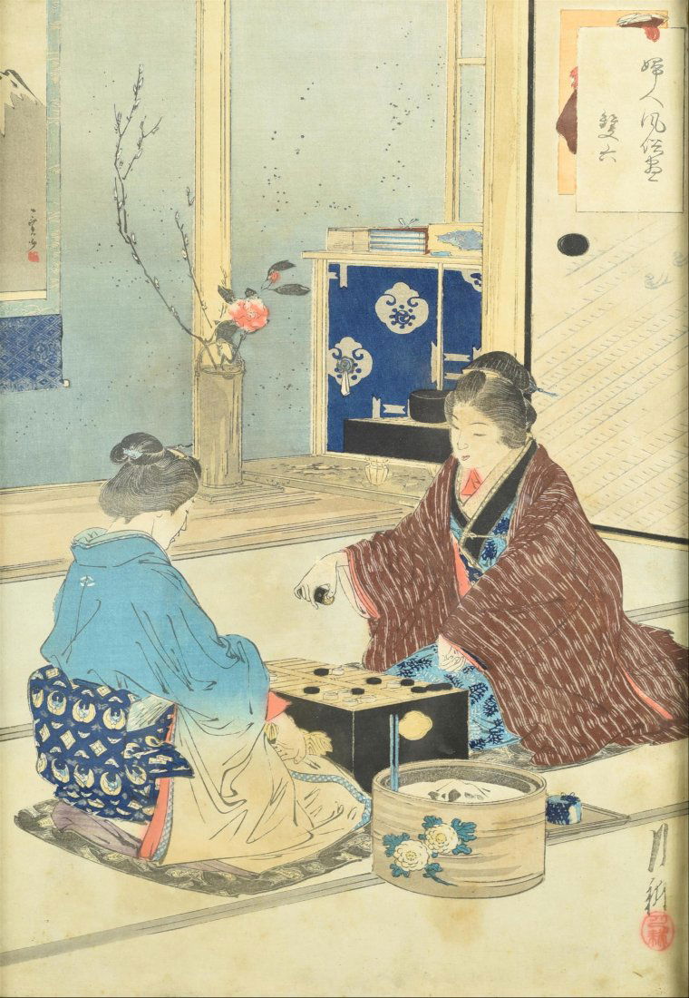 FINESUITE OF TWO OBAN TATA-E BY OGATA GEKKO WITH LADIES: FROM A SERIES, A SUITE OF TWO OBAN TATA-E BY OGATA GEKKO DEPICTING LADIES Japan, Meiji period > The Art of Ikebana > The Go Game32,5 x 21,5 cm & 34,5 x 23,5 cm -