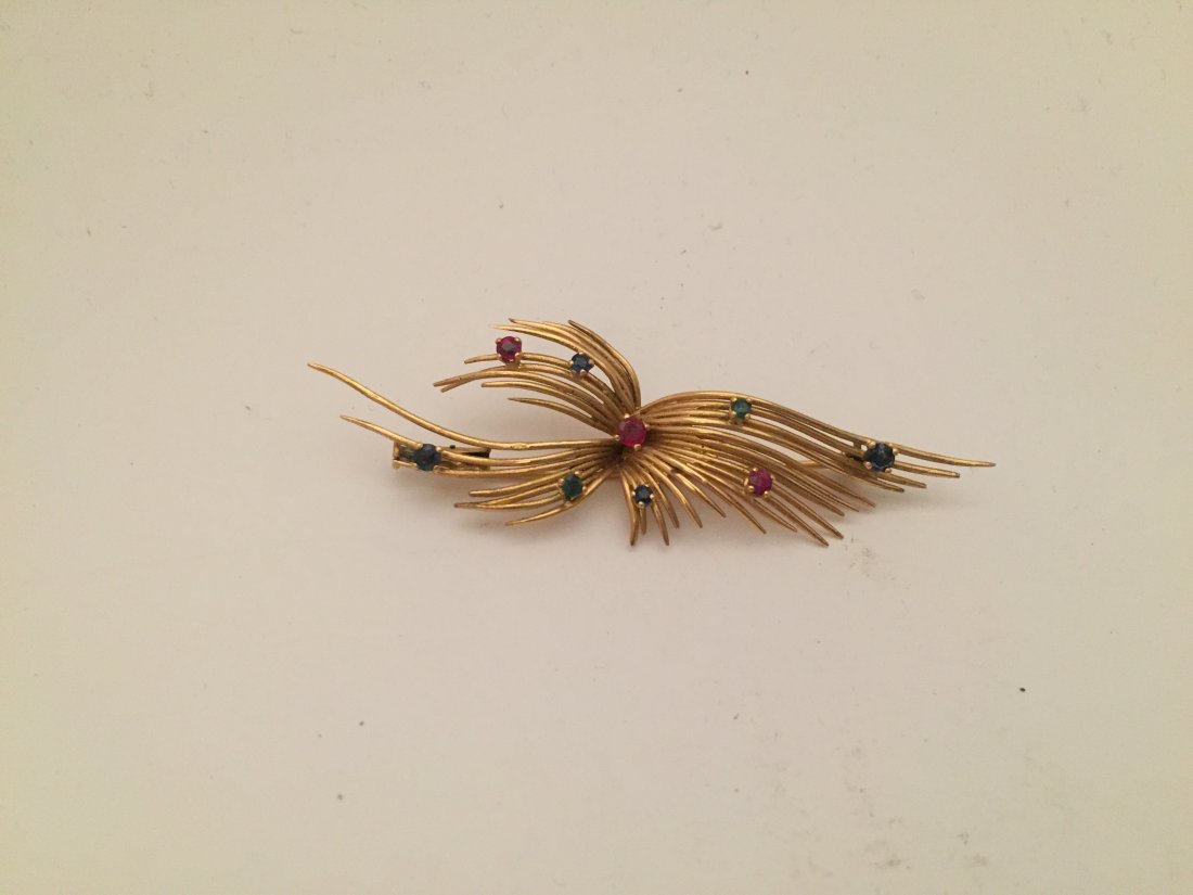 Bijoux: BROCHE gerbe en or jaune 18K (750Â°/00) serti de rubis, Ã©meraudes et saphirs AnnÃ©es 60 Poids Brut : 6.8 g
