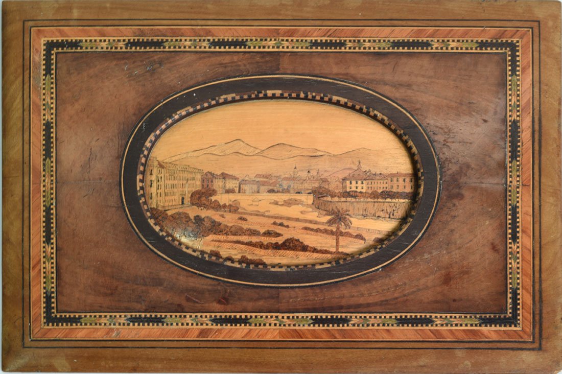 Rgionalisme: MARQUETERIE NICOISE - Couvercle de bote en bois d'olivier orn du Paillon. 24 x 16 cm