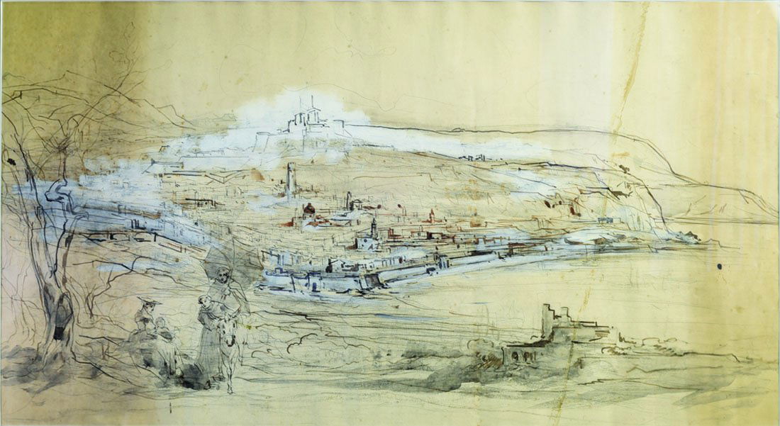 Rgionalisme: Emmanuel COSTA (attribu ) Vue de Nice Encre, lavis et rehauts de gouache blanche sur papier 40 x 75 cm ( vue) (insolation, lgres pliures, trace noire)