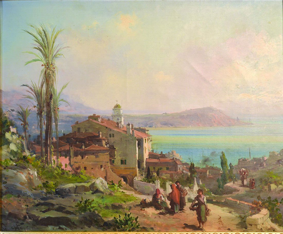 Rgionalisme: Emmanuel COSTA (1833-1921) Vue de Villefranche-sur-mer et de Saint-Jean-Cap-Ferrat Huile sur toile Signe en bas gauche 40 x 48 cm
