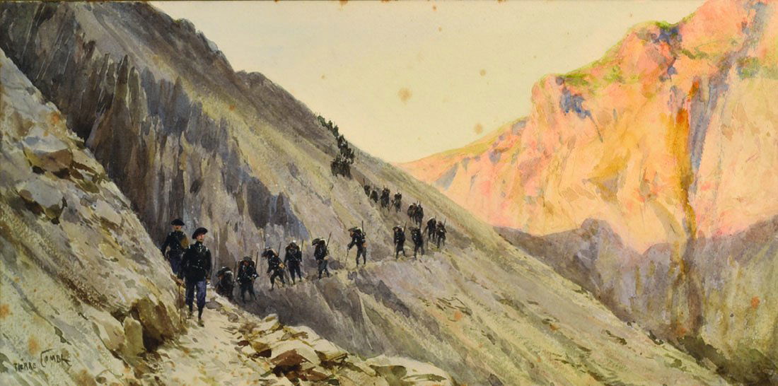 Rgionalisme: Pierre COMBA (1859-1934) Chasseurs alpins flanc de montagne Aquarelle Signe en bas droite 17 x 34 cm (lgres piqres)