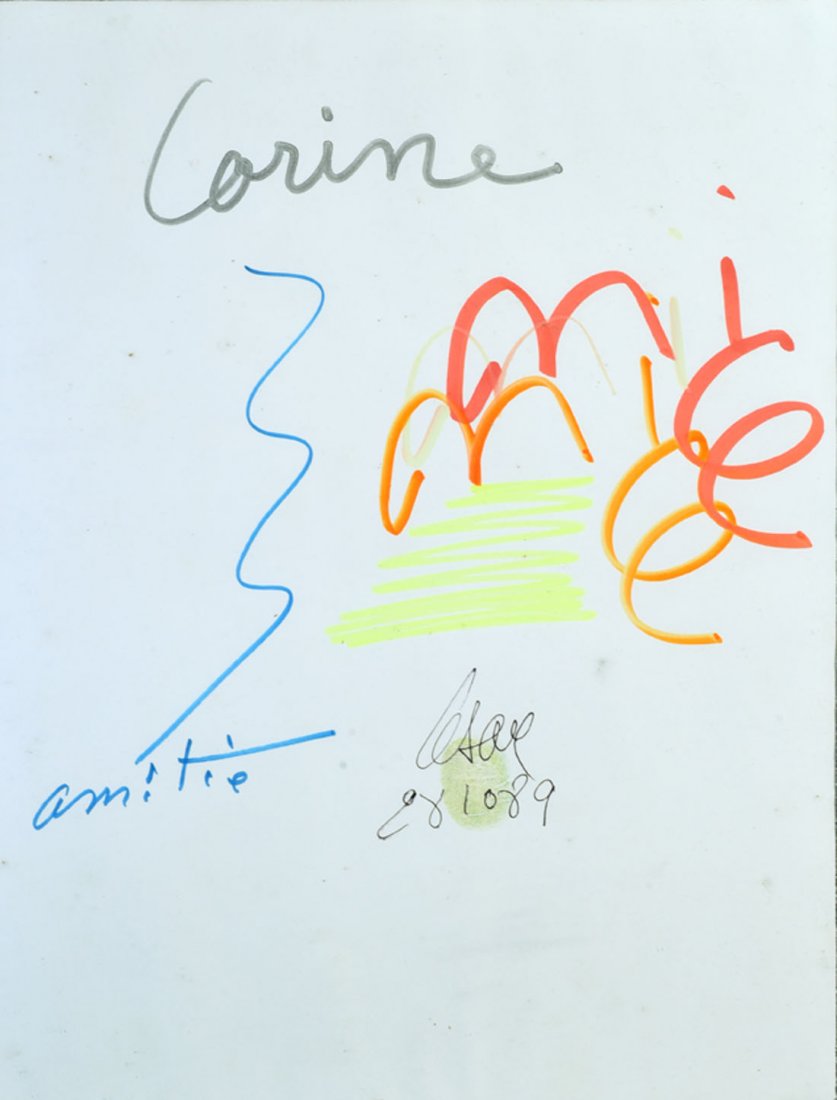 Rgionalisme: CSAR (1921-1998) "Nice" Feutre sur papier Sign et dat au centre 28 10 89, empreinte du pouce Titr et ddicac Corine dans la composition 31 x 23 cm