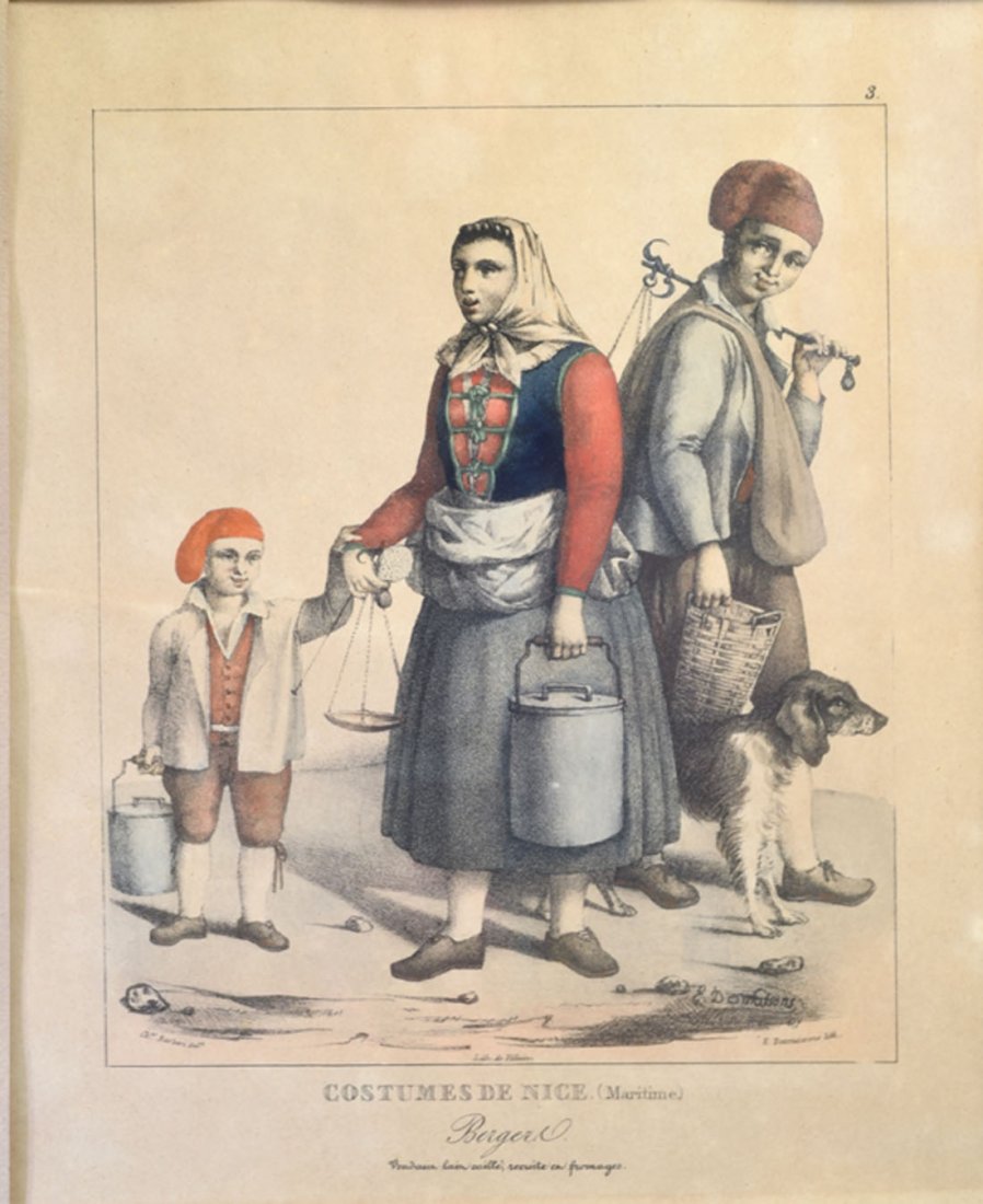 Rgionalisme: Paul-Emile BARBERI (1775-1847) Lot de lithographies: > " Marchandes de Pommes de Pin " Planche 9 des Costumes de Nice Lithographie en couleurs et rehausse de Desmaisons 22,2 x 18,4 (insole, piqres) >