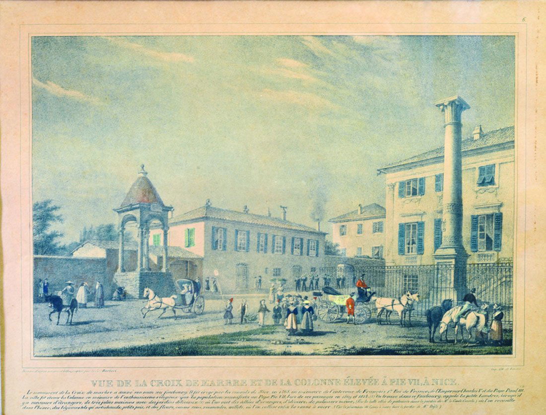 Rgionalisme: Paul-Emile BARBERI (1775-1847) Lot de trois lithographies: > " Vue de la croix de marbre et de la colonne leve Pie VII, Nice " Lithographie Planche 6 de l'Album de Nice€, 1834 19,8 x 29,1 (ins
