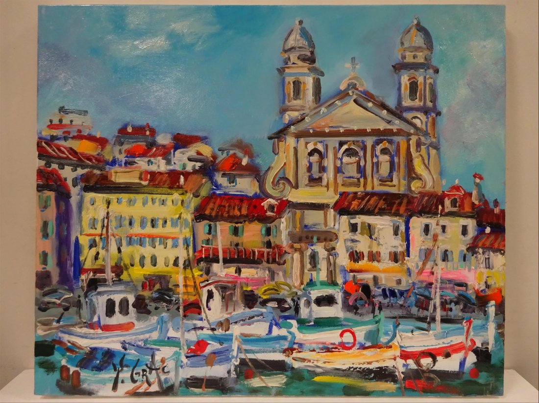 Rgionalisme: Yvon GRAC (1945-) "A Bastia les bateaux au quai Albert Gillon" Huile sur toile Signe en bas gauche Contresigne et titre au dos 46 x 55 cm