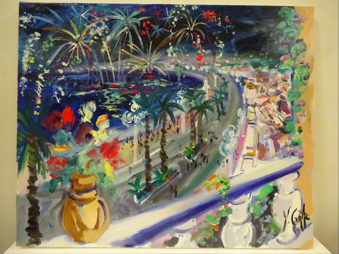 Rgionalisme: Yvon GRAC (1945-) "Feux d'artifice sur la Baie des Anges Nice" Huile sur toile Signe en bas droite Contresigne et titre au dos 50 x 61 cm