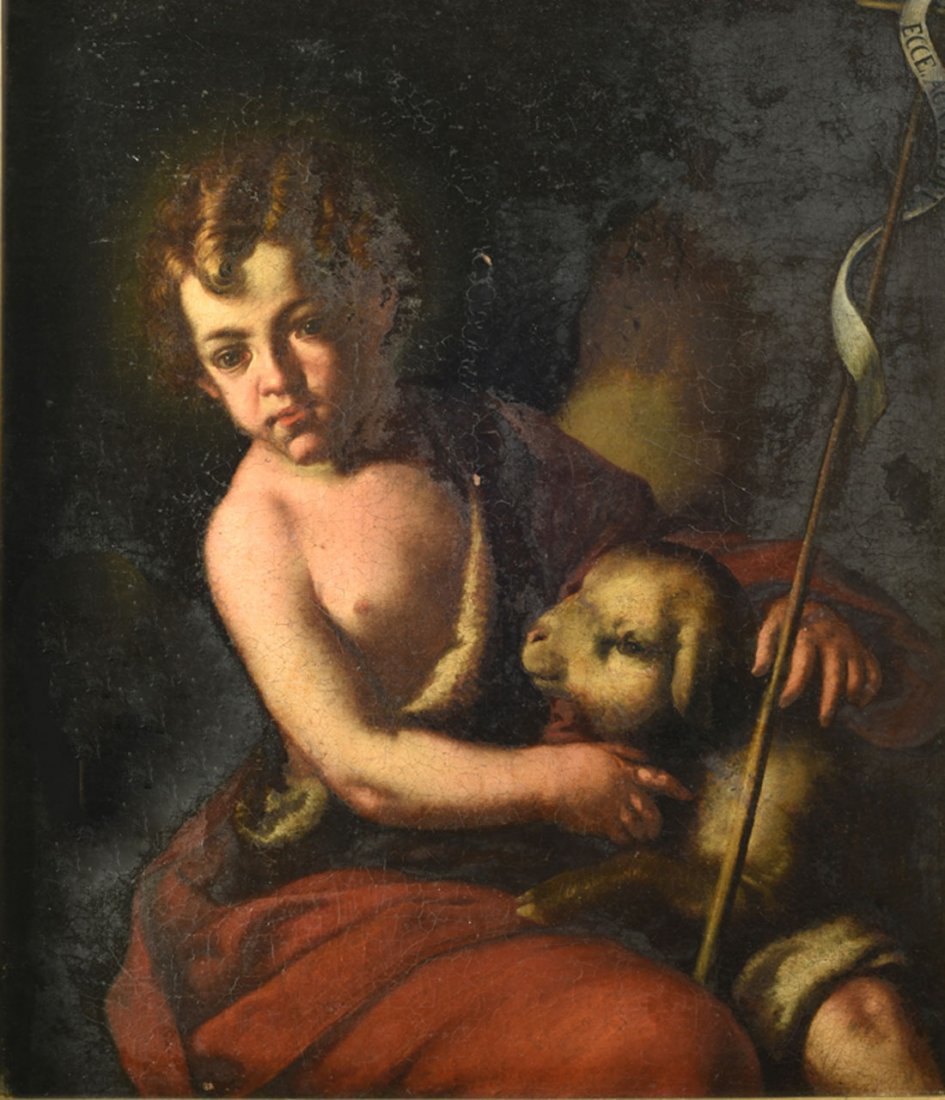 Tableaux anciens: ECOLE ITALIENNE (XVIIe sicle) Saint Jean-Baptiste Huile sur toile 72 x 62 cm (rentoilage, repeints)