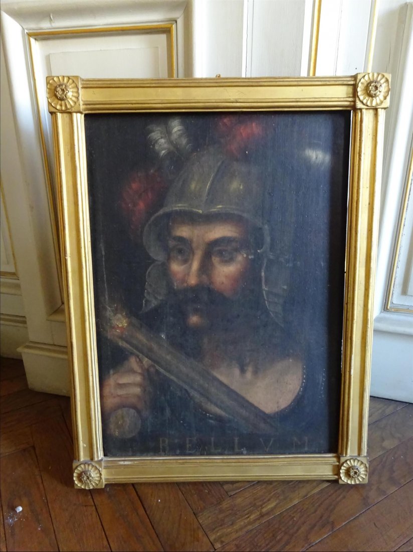 Tableaux anciens: Dans le gout de l'cole Italienne du XVIIe sicle Portait d'homme en buste casqu Huile sur panneau de bois 52 x 37 cm