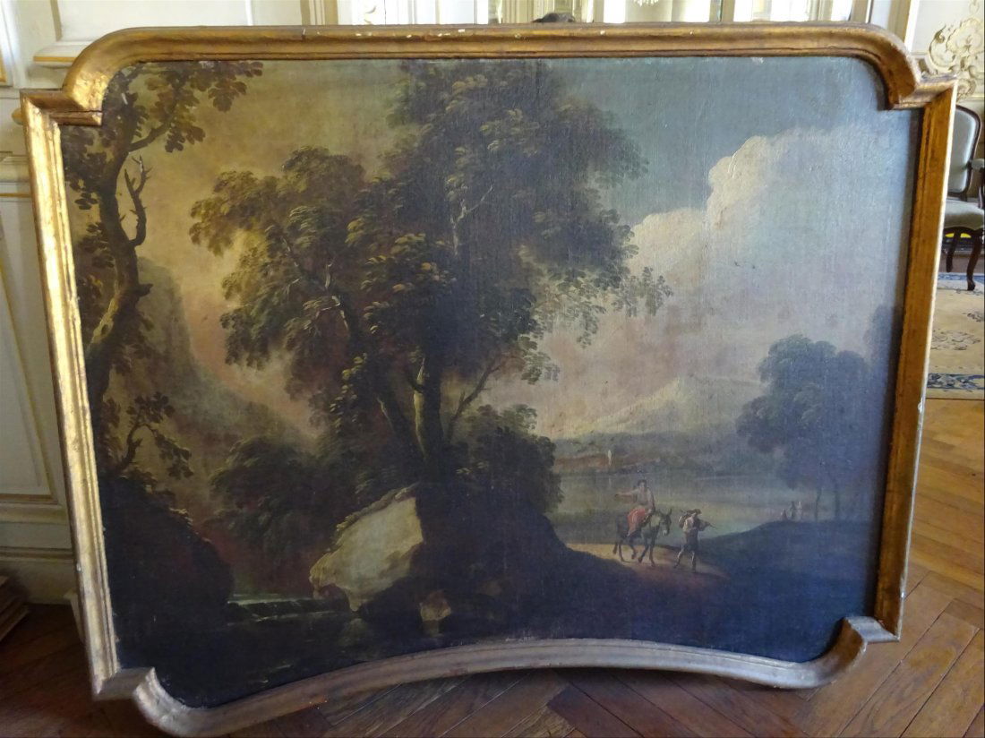 Tableaux anciens: ECOLE FRANCAISE (XVIIIe sicle) Bergers au chemin et Bergers la tour Deux huiles sur toile marouflées sur cartons formant pendant / Dessus de porte 86 x 110 cm (chaque) Provenance : provenant selon