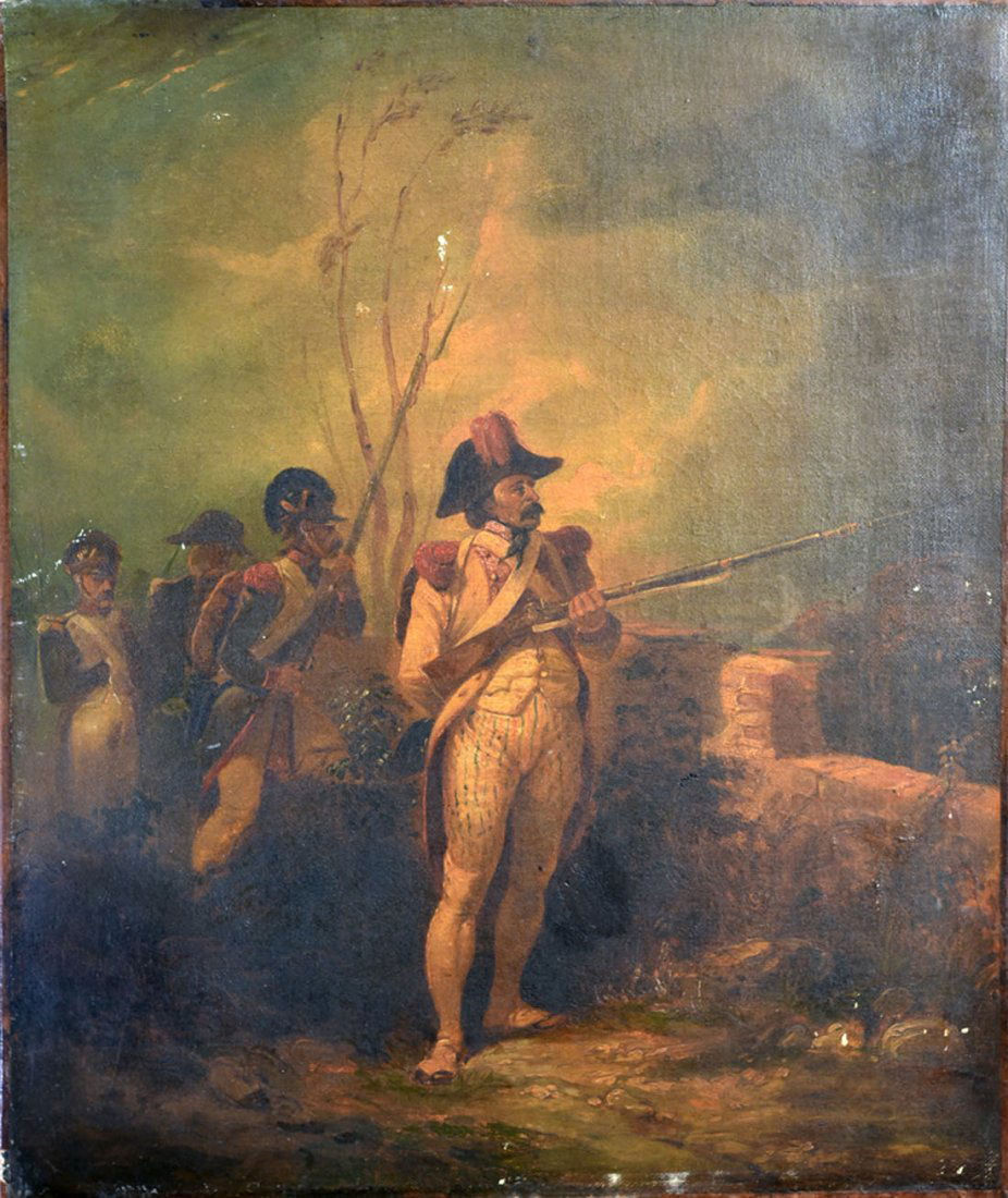Tableaux anciens: Hippolyte BELLANG (Paris, 1800-1866) Les Tirailleurs (chasseurs de la vieille garde) Huile sur toile (rentoil, manques et restaurations anciennes). Non sign. tiquette au dos : " Raffet ". 55 x 46 cm N