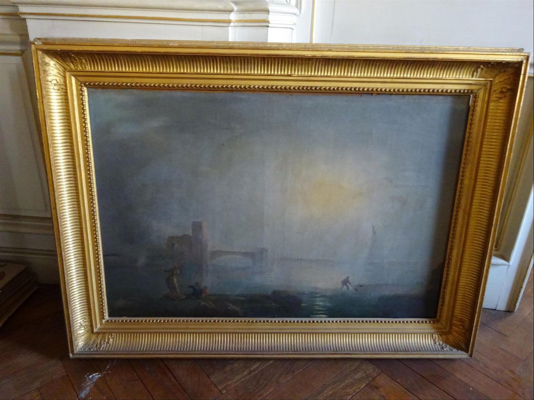 Tableaux anciens: ECOLE FRANCAISE (XIXe sicle) Scne de pche Huile sur toile 54 x 88 cm