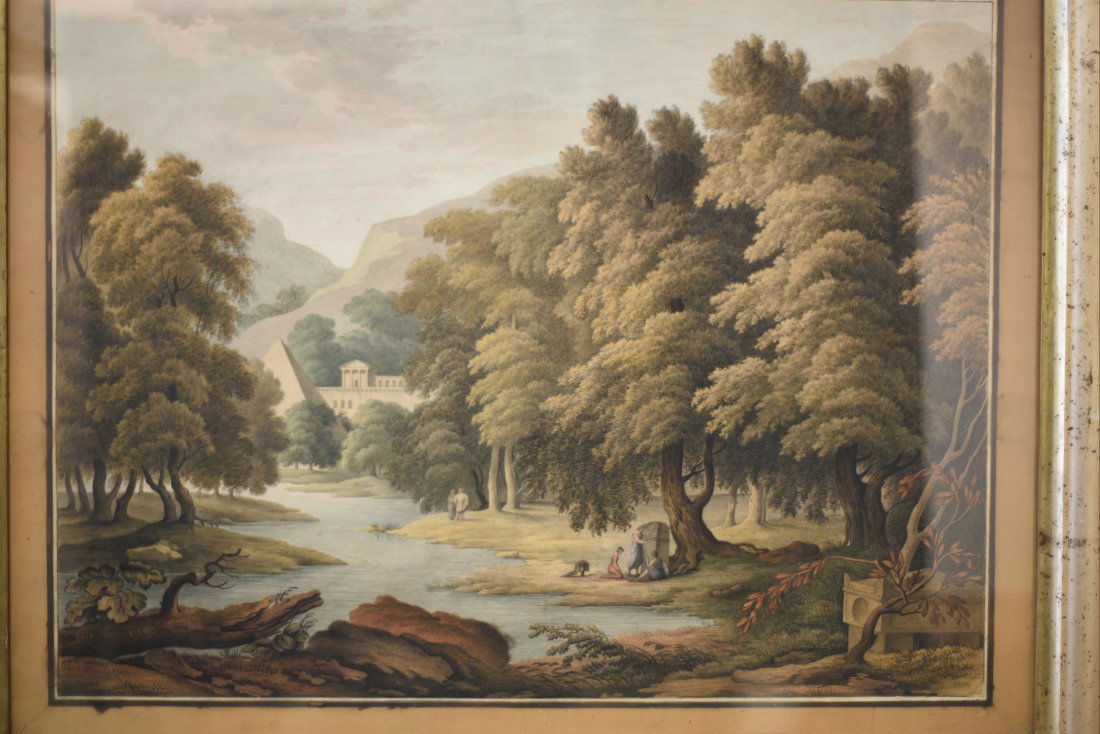 Tableaux anciens: ECOLE FRANAISE (vers 1820) Paysage classique anim de personnages devant un mausole Aquarelle 43 x 57,5 cm
