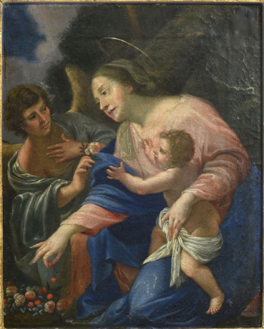 Tableaux anciens: ECOLE FRANCAISE (fin du XVIIe sicle) Vierge l'enfant cueillant des cerises avec un ange Huile sur toile 33 x 26 cm (soulvements, restaurations anciennes)