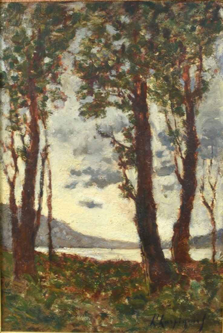 Tableaux modernes: Henri Joseph HARPIGNIES (1819-1916) Coucher de soleil aux trois arbres Huile sur carton maroufle sur panneau parquet Signe en bas droite 46 x 31 cm