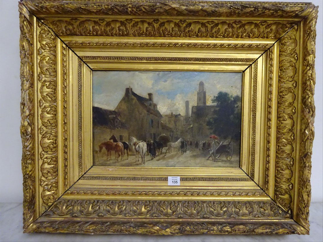 Tableaux modernes: John LEWIS-BROWN (1829-1890) Etape ou halte dans un village au Maroc Huile sur bois Signe et date en bas droite: 1875 18 x 28 cm