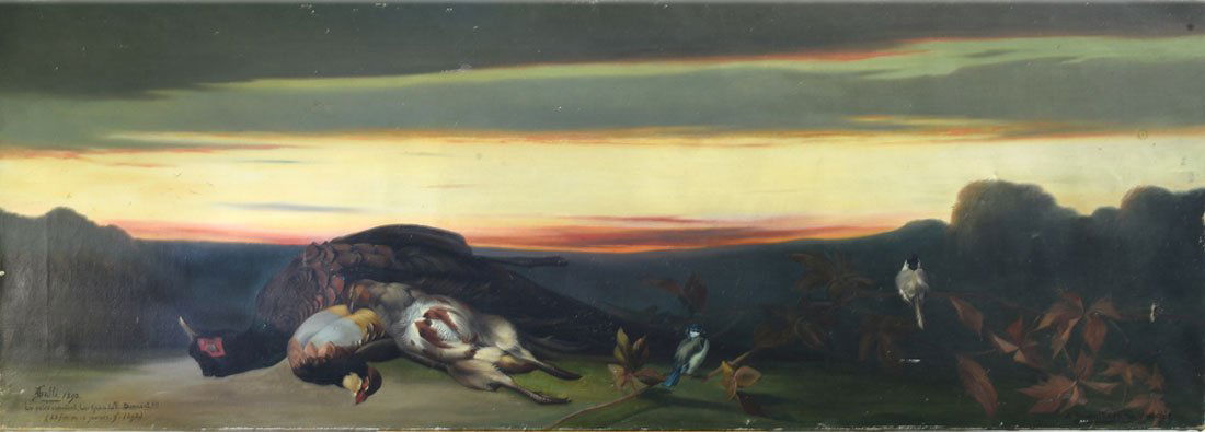 Tableaux modernes: E. GALLE "Les petits chantent , Les Grands?... Dorment!!!" Huile sur toile Signe, date et titre en bas gauche: 1893 Ddicace en bas droite: "A Jeanne Meydieu Souvenir" 54 x 153 cm (dchirure, enfo