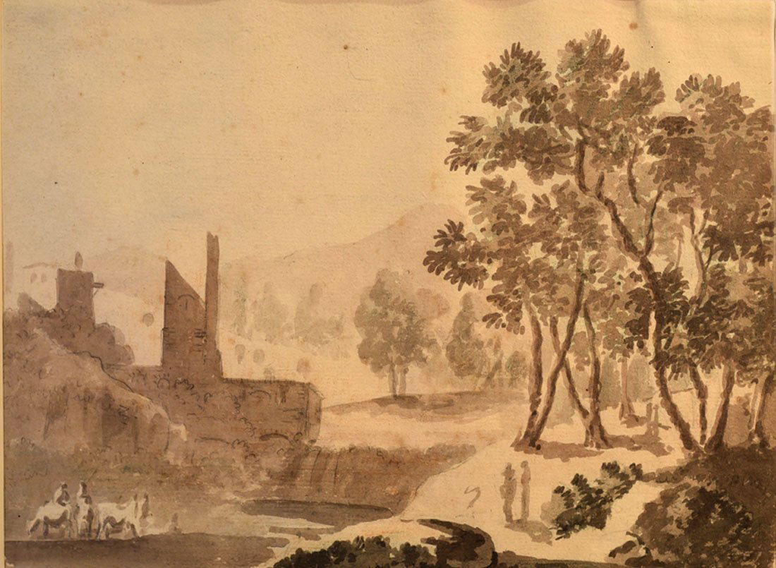 Tableaux modernes: ECOLE FRANCAISE (dbut XXe sicle) Paysage de campagne anim de personnages Lavis d'encre brune 21 x 27 cm