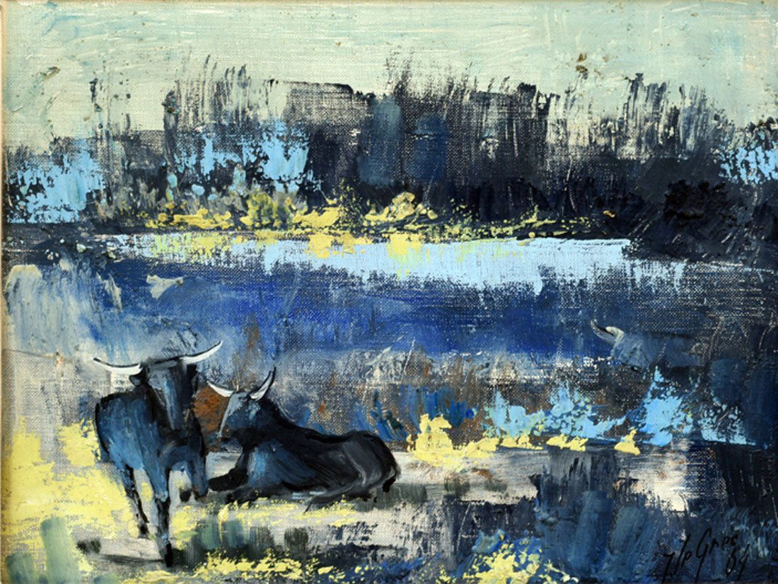 Tableaux modernes: Y. LEGREC (actif XXe sicle) Taureaux dans un paysage Huile sur toile Signe en bas droite Date : 64 27 x 35 cm