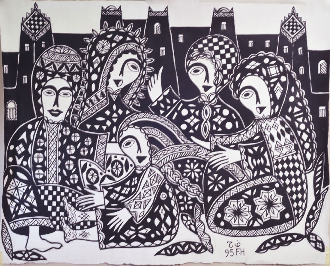 Tableaux modernes: Attribu Fatima HASSAN EL FAROUJ Personnages en noir et blanc Acrylique Monogramme et date en bas au centre FH 95 Sans chssis Date 95 105 x 85 cm