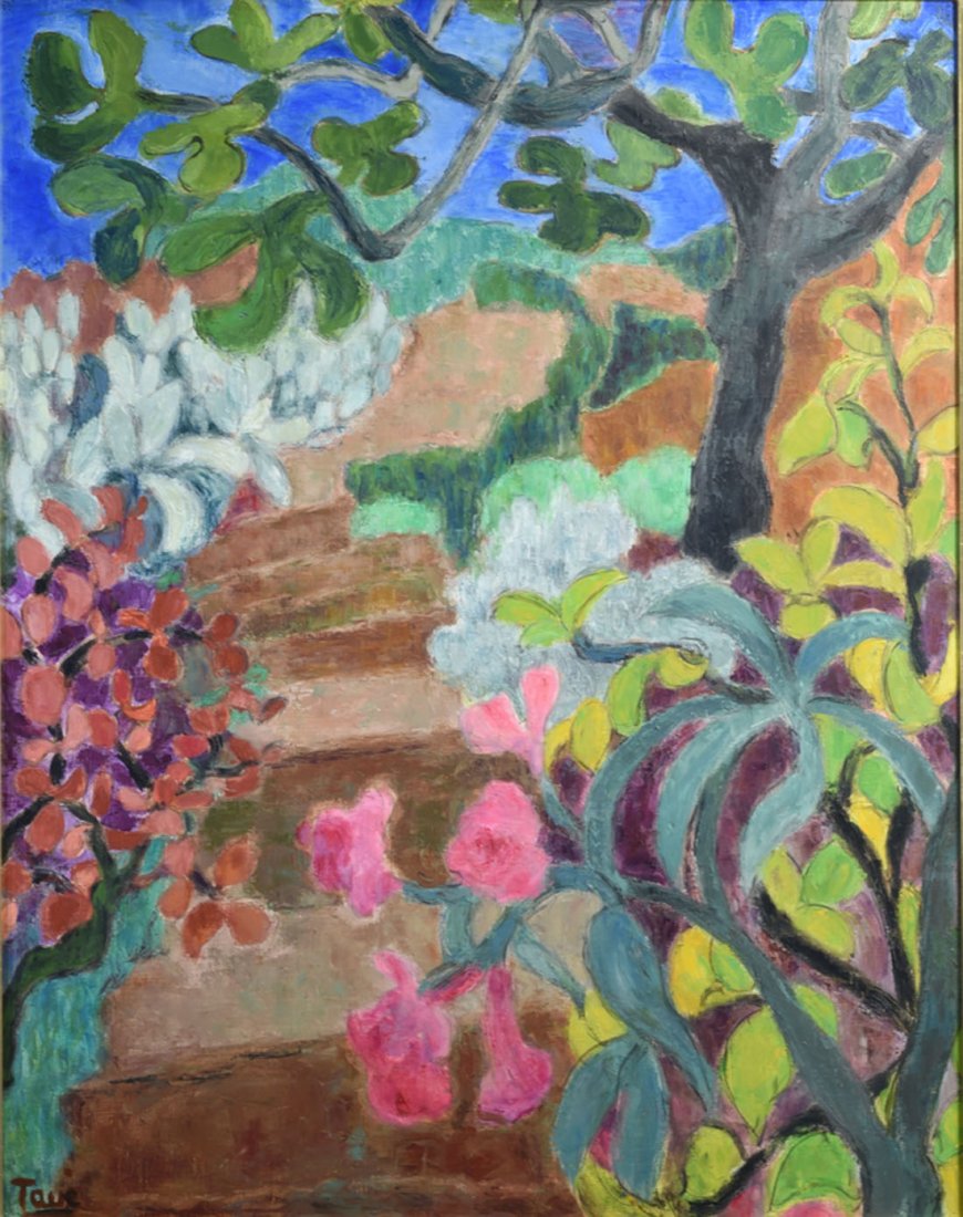 Rgionalisme: Georgette TAV (1925) "Le chemin du Cannet au laurier rose" Huile sur toile Signe en bas gauche Titre au dos sur le chssis 81 x 65 cm