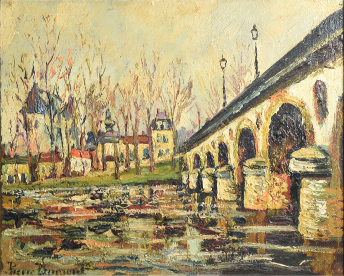 Tableaux modernes: Pierre DUMONT (1920-1987) "Le pont sur la rivire" Huile sur toile Signe en bas gauche 51 x 60 cm