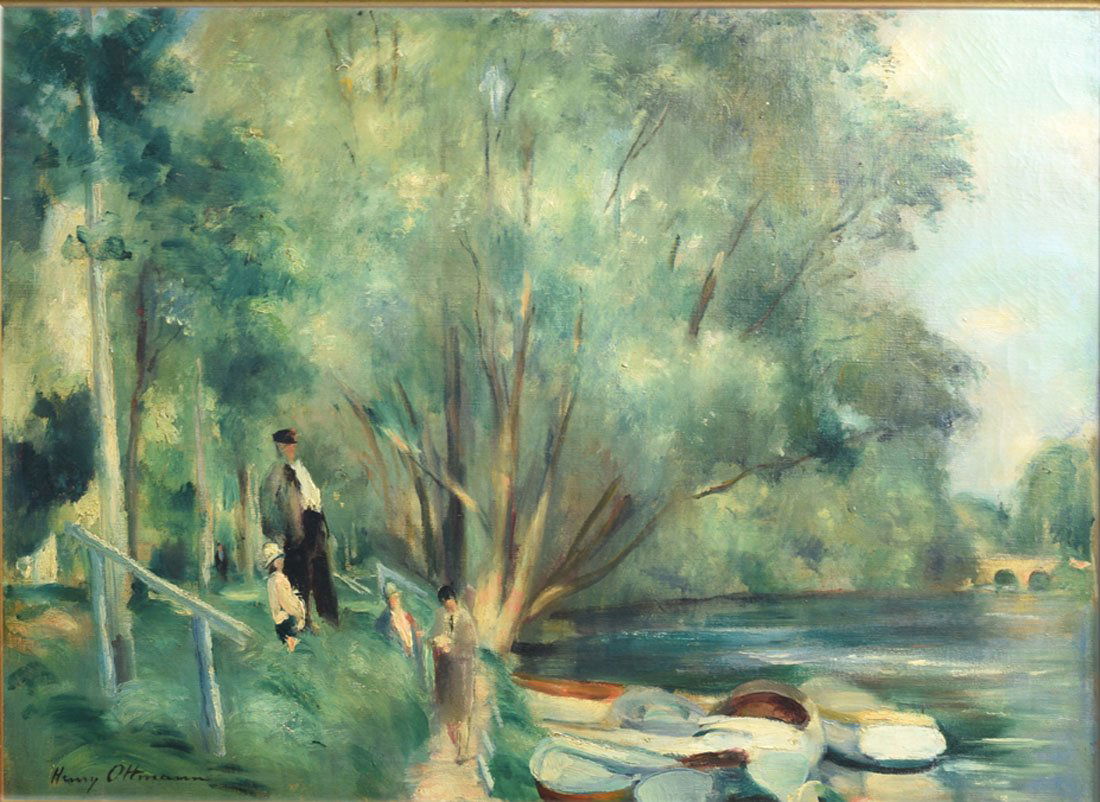 Tableaux modernes: Henry OTTMANN (1877-1927) "Bord de la Seine Meulan" Huile sur toile Signe en bas gauche Titre au dos 54 x 73 cm
